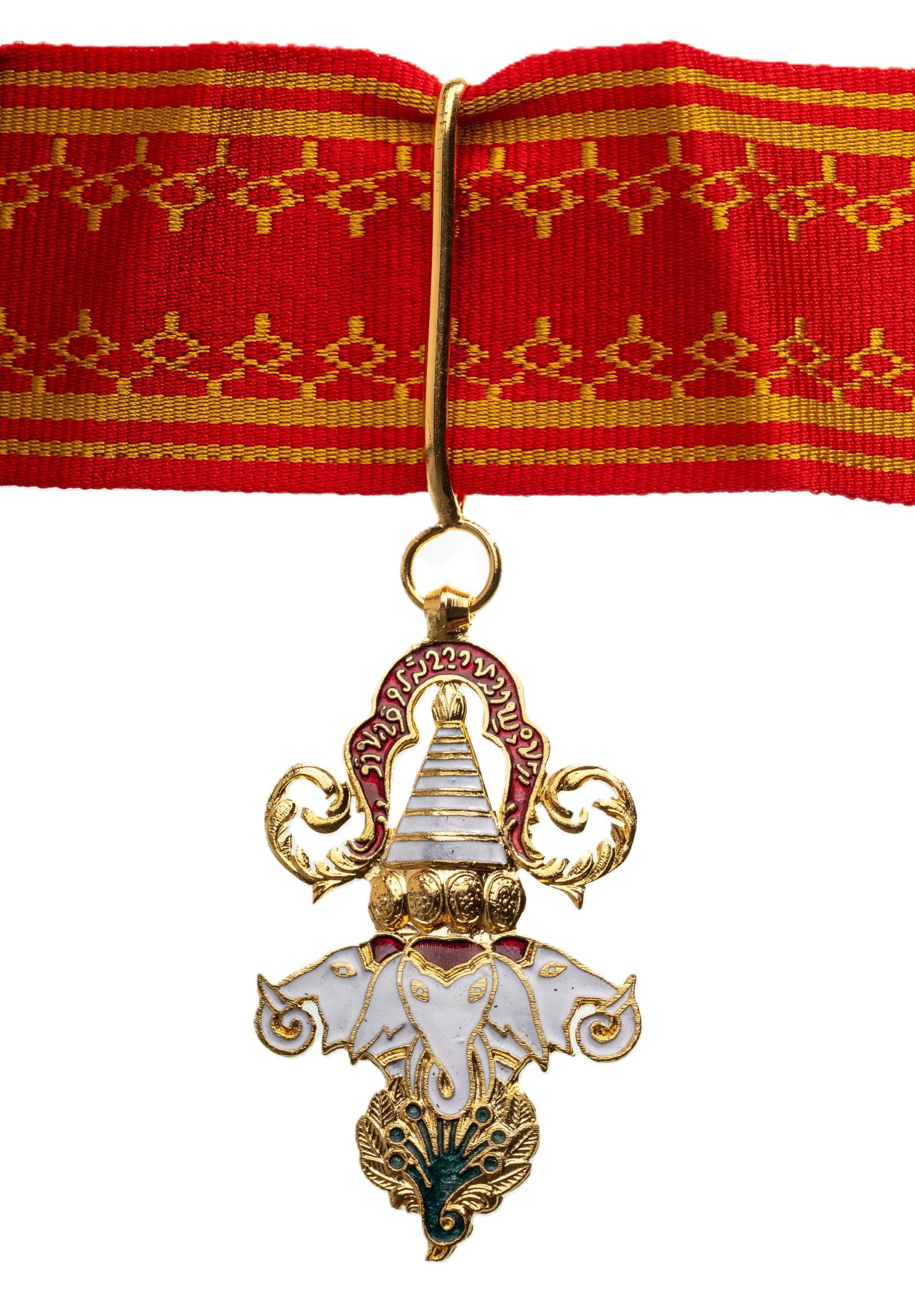 Order of the Million Elephants and the White Parasol: Commander's Cross, 4th Class, instituted in 1909. Neck Badge, 60x33 mm, gilt Bronze, one side enameled, original suspension ring, loop and ribbon. Very attractive badge, in superb condition. I