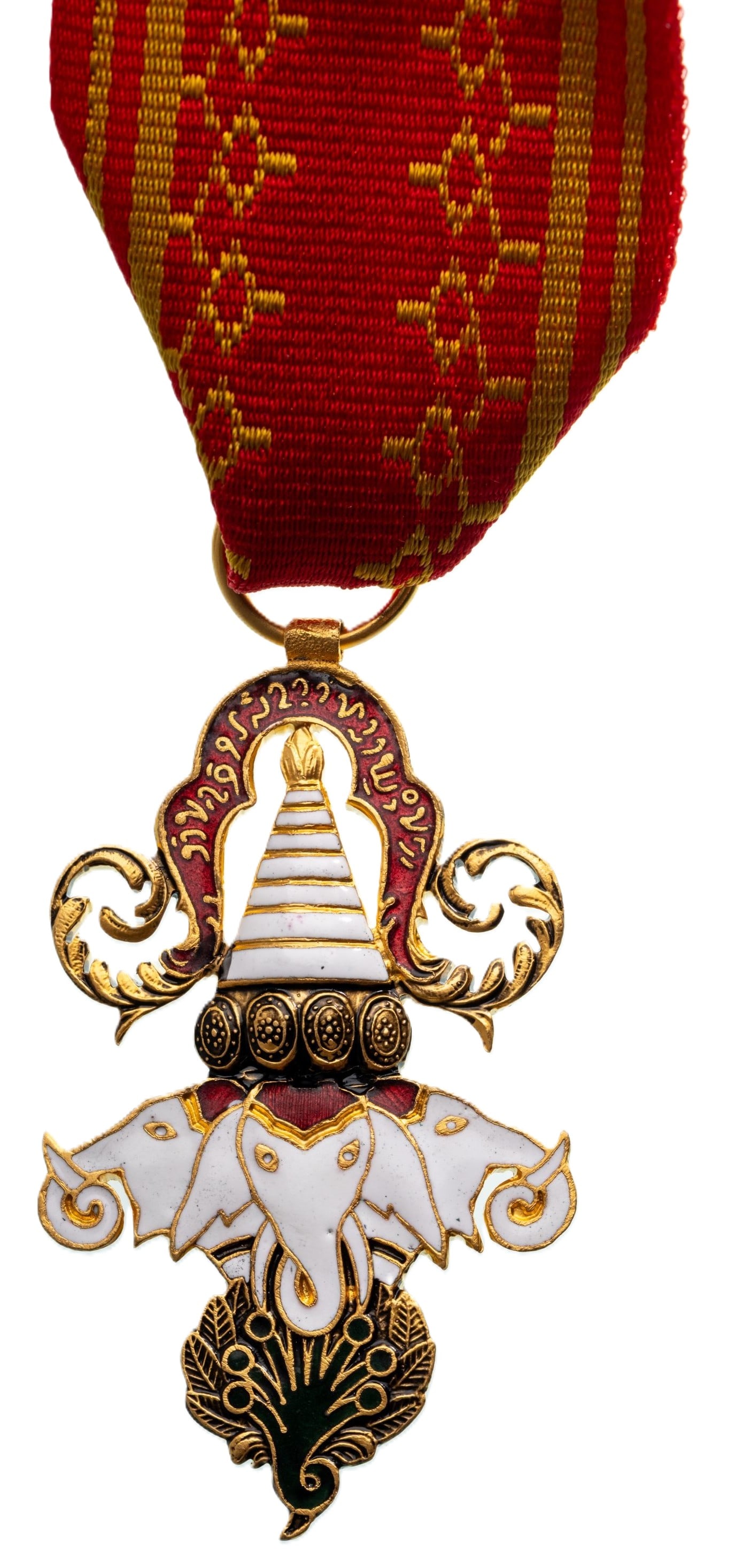 Order of the Million Elephants and the White Parasol: Officer's Cross, 4th Class, instituted in 1909. Breast Badge, 58x32 mm, gilt Bronze, one side enameled, original suspension ring and ribbon. Very attractive badge, in superb condition. I