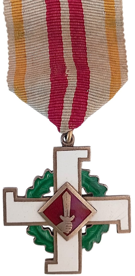 Cross of Merit of Aizsargi (Home Guard Cross of Merit): Knight's Cross, 5th Class, instituted in 1919. Breast Badge, 45x41 mm, gilt Silver, original suspension device and ribbon. Superb and rare! I R!