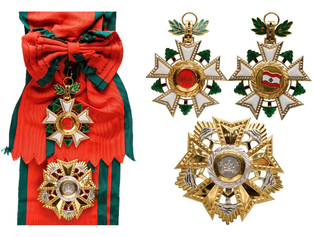 National Order of the Cedar: Grand Cross Set, 1st Class, instituted in 1936, Sash Badge, 75x61 mm., gilt Silver, both sides enameled, both central medallions gilt, enameled, suspension device, ring and sash. Breast Star, 69 mm., 