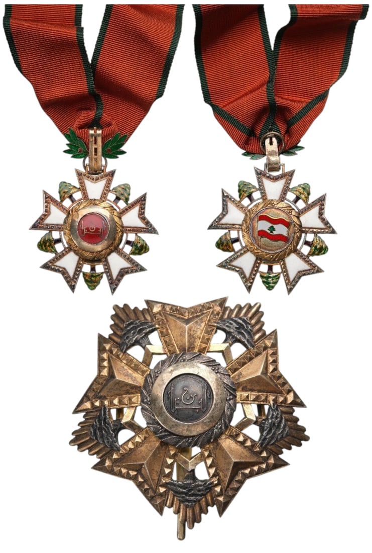 National Order of the Cedar: Grand Officers Set, 2nd Class, instituted in 1936, Neck Badge, 75x59 mm., gilt Silver, both sides enameled, both central medallions gilt, enameled, suspension device, loop and ribbon. Breast Star, 69 