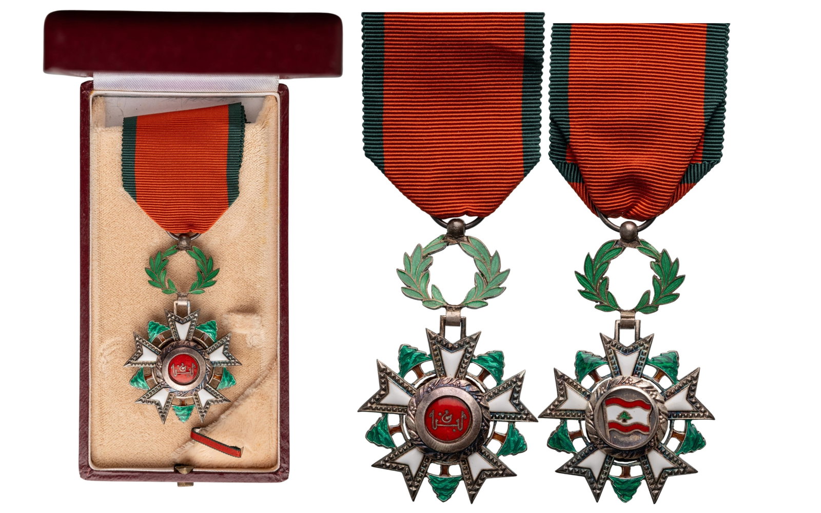National Order of the Cedar: Knight's Cross, instituted in 1936. Breast Badge, 60x38 mm., Silver, both sides enameled, original suspension ring and ribbon, in case of issue by "Arthus Bertrand, Paris", with ribbon pin. Extremely 