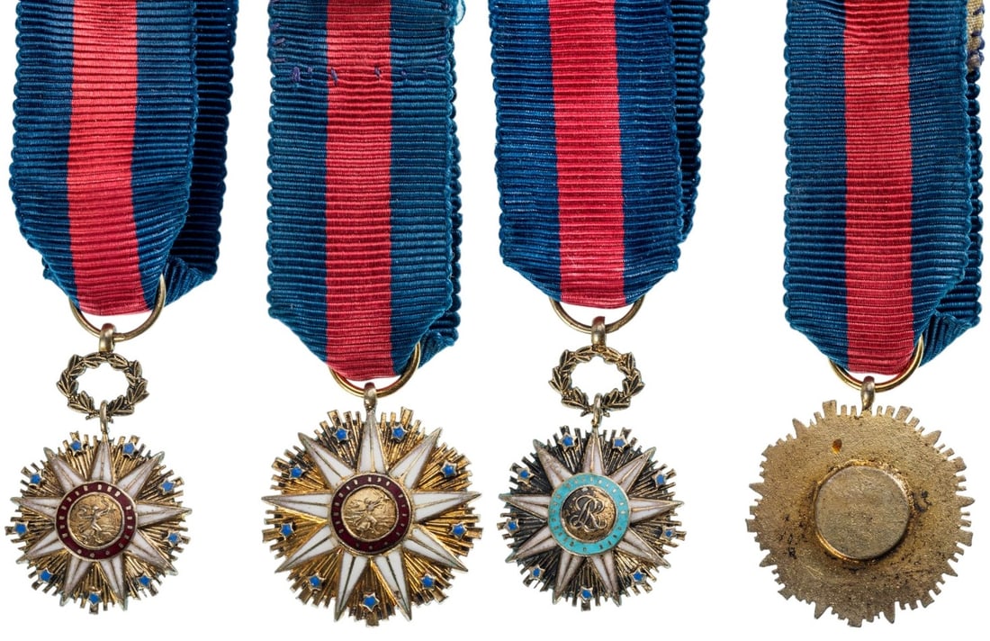 Order of The Star Of Africa: Grand Cross Set Miniatures, instituted in 1920. Breast Badge, 24x16 mm, gilt Silver, both sides side enameled, original suspension ring and ribbon. Breast Star, 19 mm, gilt Silver, one side enameled, 