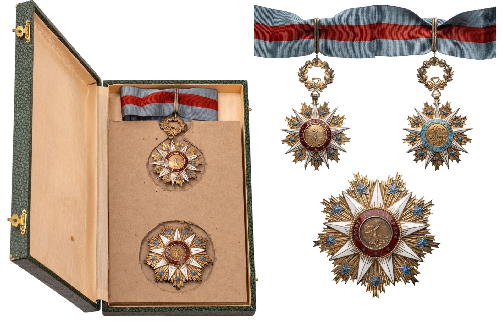 Order of The Star Of Africa: Grand Officer's Set, instituted in 1920. Neck Badge, 92x57 mm, gilt Silver, both sides side enameled, original suspension ring, loop and ribbon. Breast Star, 73 mm, gilt Silver, superimposed parts ena