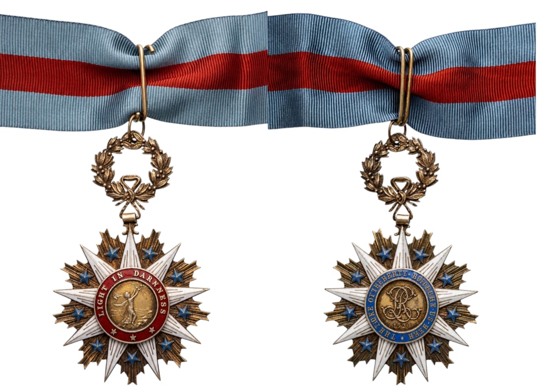 Order of The Star Of Africa: Commander's Cross, instituted in 1920. Neck Badge, 90x56 mm, gilt Silver, both sides side enameled, original suspension ring, loop and ribbon. A beautiful cross, in extremely fine condition! I
