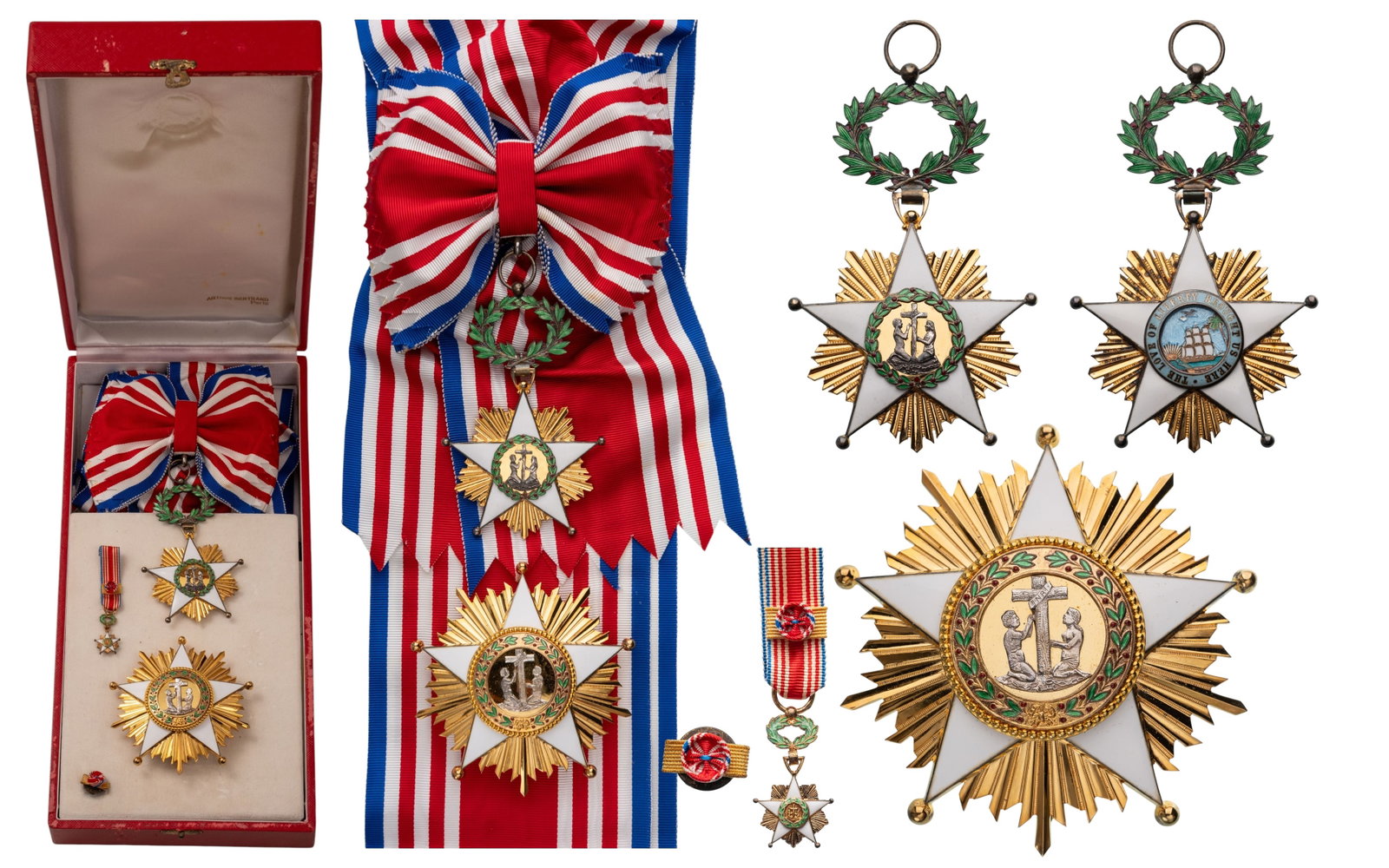 ORDER OF THE AFRICAN REDEMPTION: Grand Cross Set, instituted in 1879. Sash Badge, 93x59 mm, gilt Silver, both sides enameled, original suspension wreath, ring and sash. Breast Star, 79 mm, gilt Silver, hallmarked "925", superimposed 