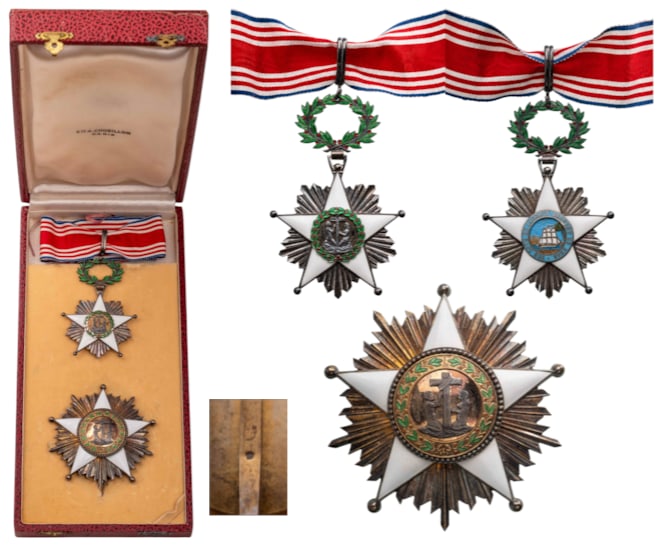 ORDER OF THE AFRICAN REDEMPTION: Grand Officer's Set, instituted in 1879. Neck Badge, 90x59 mm, gilt Silver, both sides enameled, original suspension wreath, ring and ribbon. Breast Star, 81 mm, gilt Silver, hallmarked, superimposed