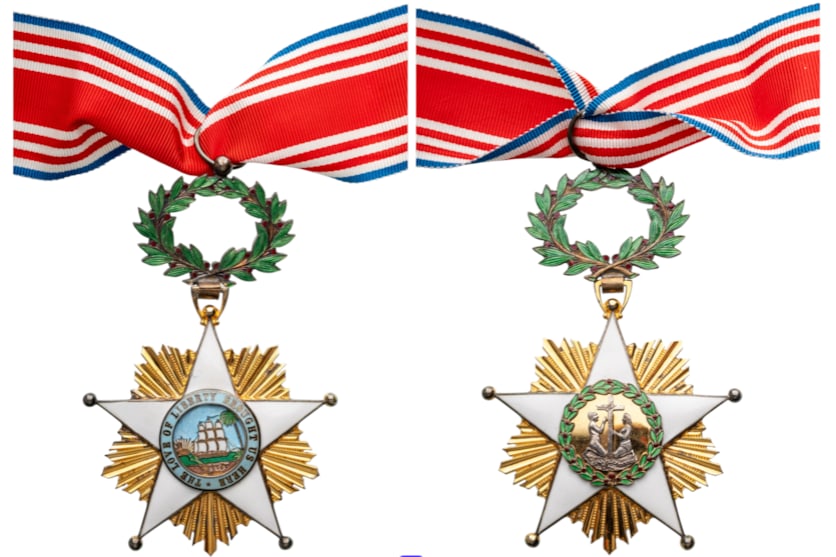 ORDER OF THE AFRICAN REDEMPTION: Commander's Cross, instituted in 1879. Neck Badge, 93x59 mm, gilt Silver, both sides enameled, original suspension wreath, ring and ribbon. An attractive cross, in mint condition! I
