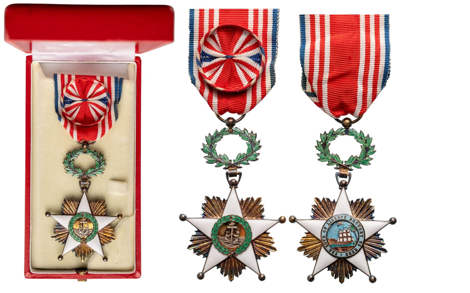 ORDER OF THE AFRICAN REDEMPTION: Officer's Cross, instittued in 1879. Breast Badge, 68x44 mm., Silver, enameled, original suspension ring and ribbon with rosette, in case of issue by "Arthus Bertrand, Paris". A superb order, in best