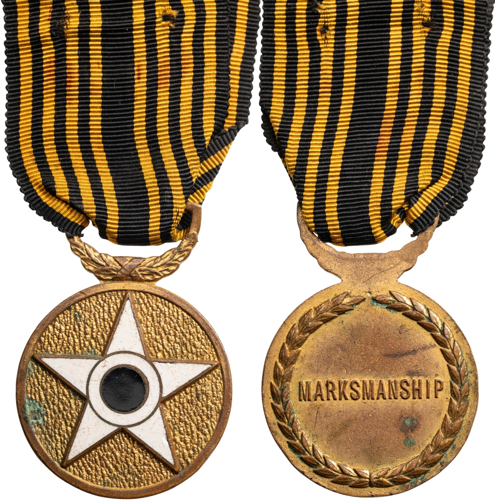 The Marksmanship Medal: Breast Badge, 39x35 mm, gilt Bronze, one side enameled, original suspension ring and ribbon. Scarce! I R!