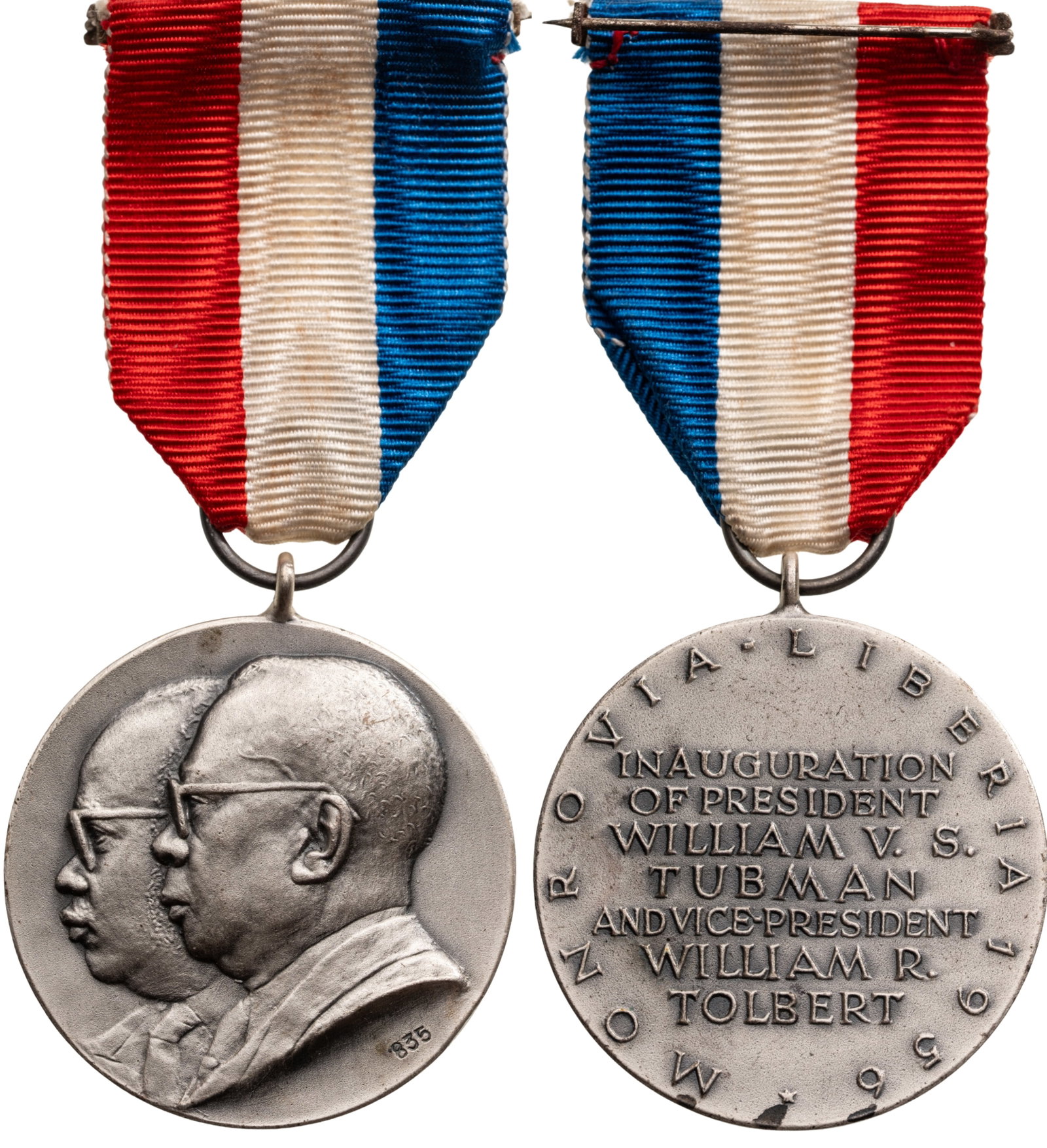 Inauguration of President William V. S. Tubman and Vice-President William R. Tolbert Medal, 1956: Breast Badge, 40x3 mm, Silver, original suspension ring and ribbon, with thin suspension pin. Extremely fine condition! I