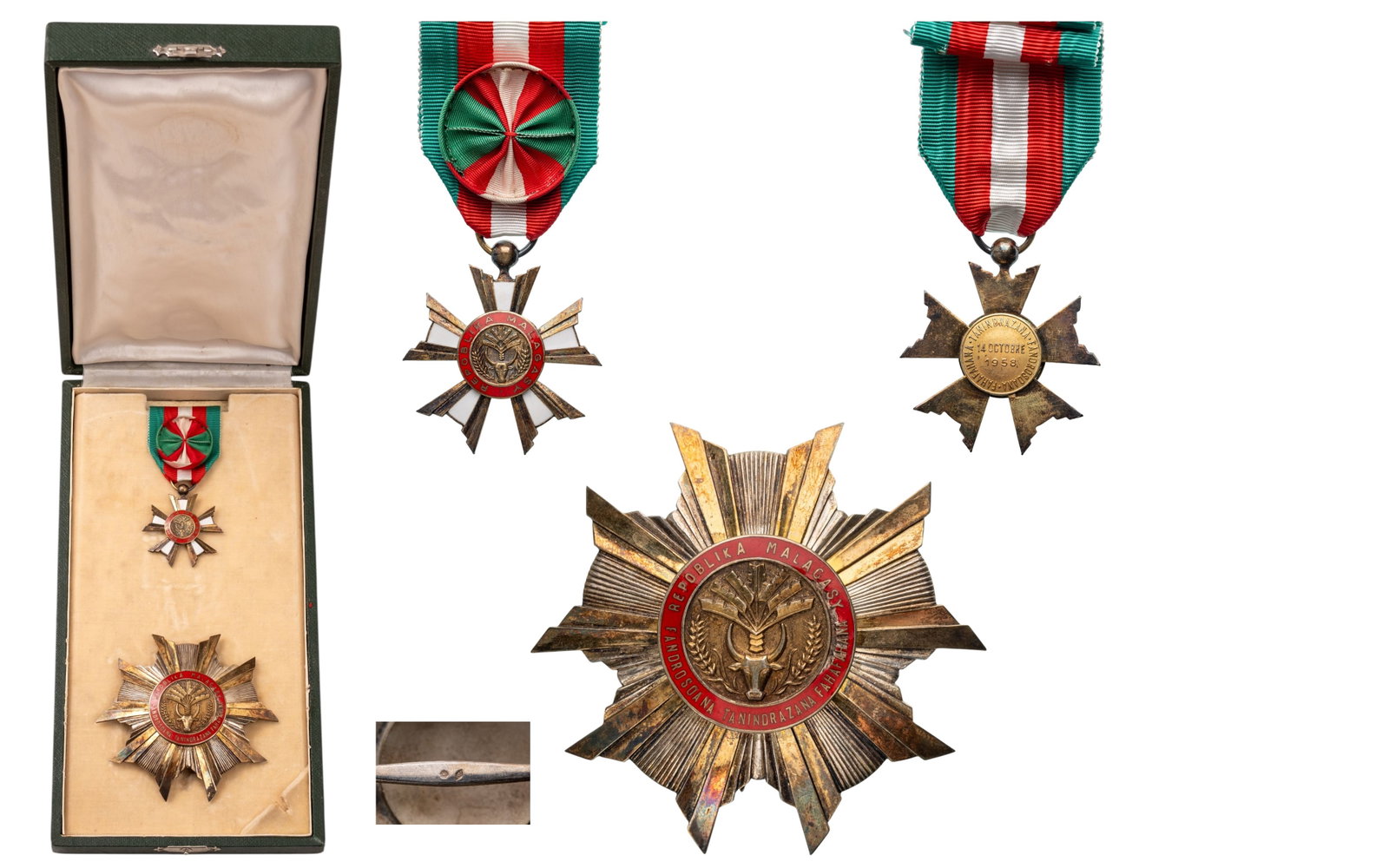 National Order of Madagascar: Grand Officer's Set, instituted in 1959. Breast Badge, 45x41 mm, gilt Silver, one side enameled, original suspension ring and ribbon with rosette. Breast Star, 89 mm, partially gilt Silver, hallmarked