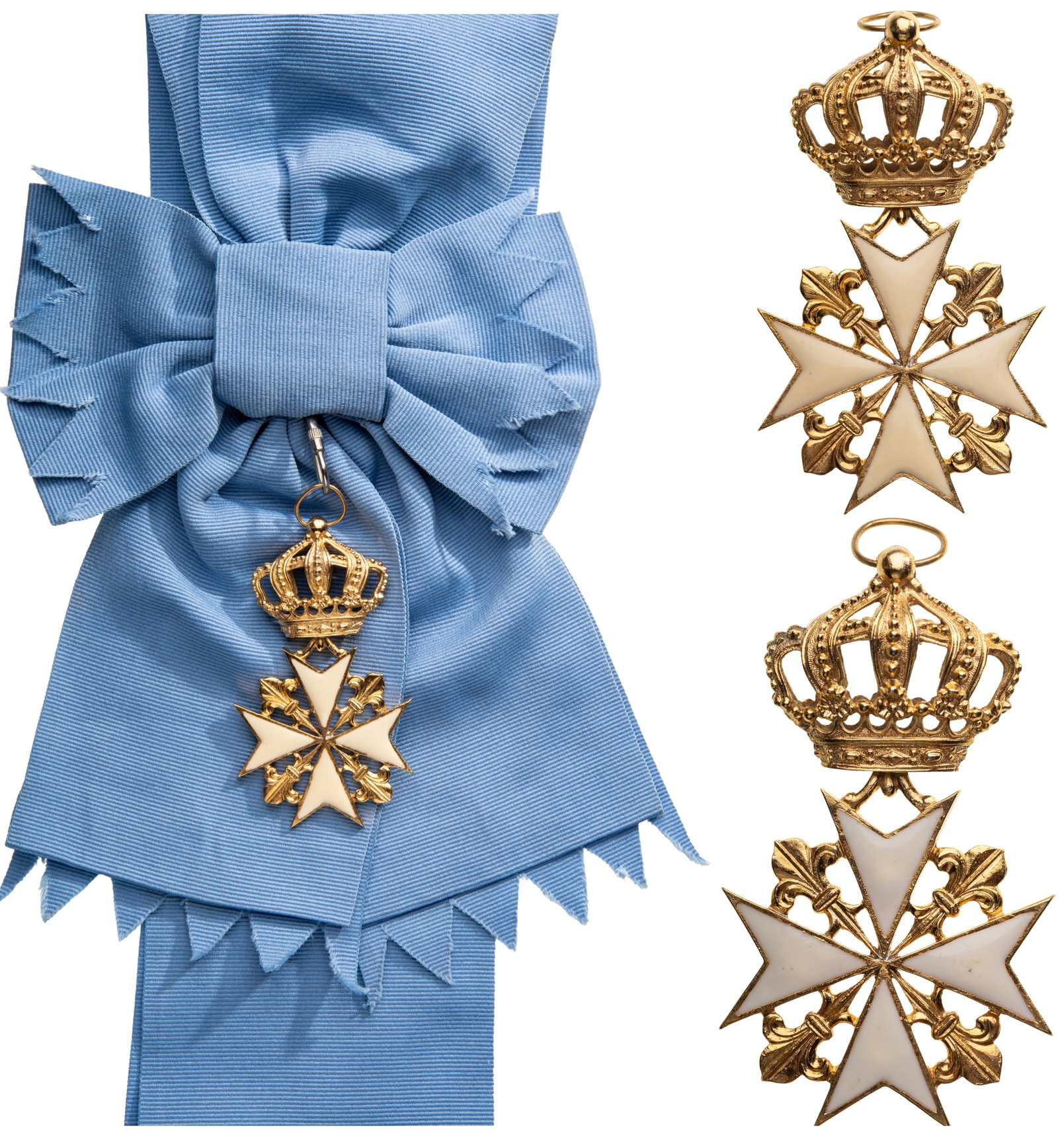 ORDER OF MALTA: Grand Cross Badge. Sash badge, 76x38 mm. gilt Bronze, white enameled arms, flanked by fleurs de lys, originaluspension ring and sash.A finely-made order, in excellent condition. I