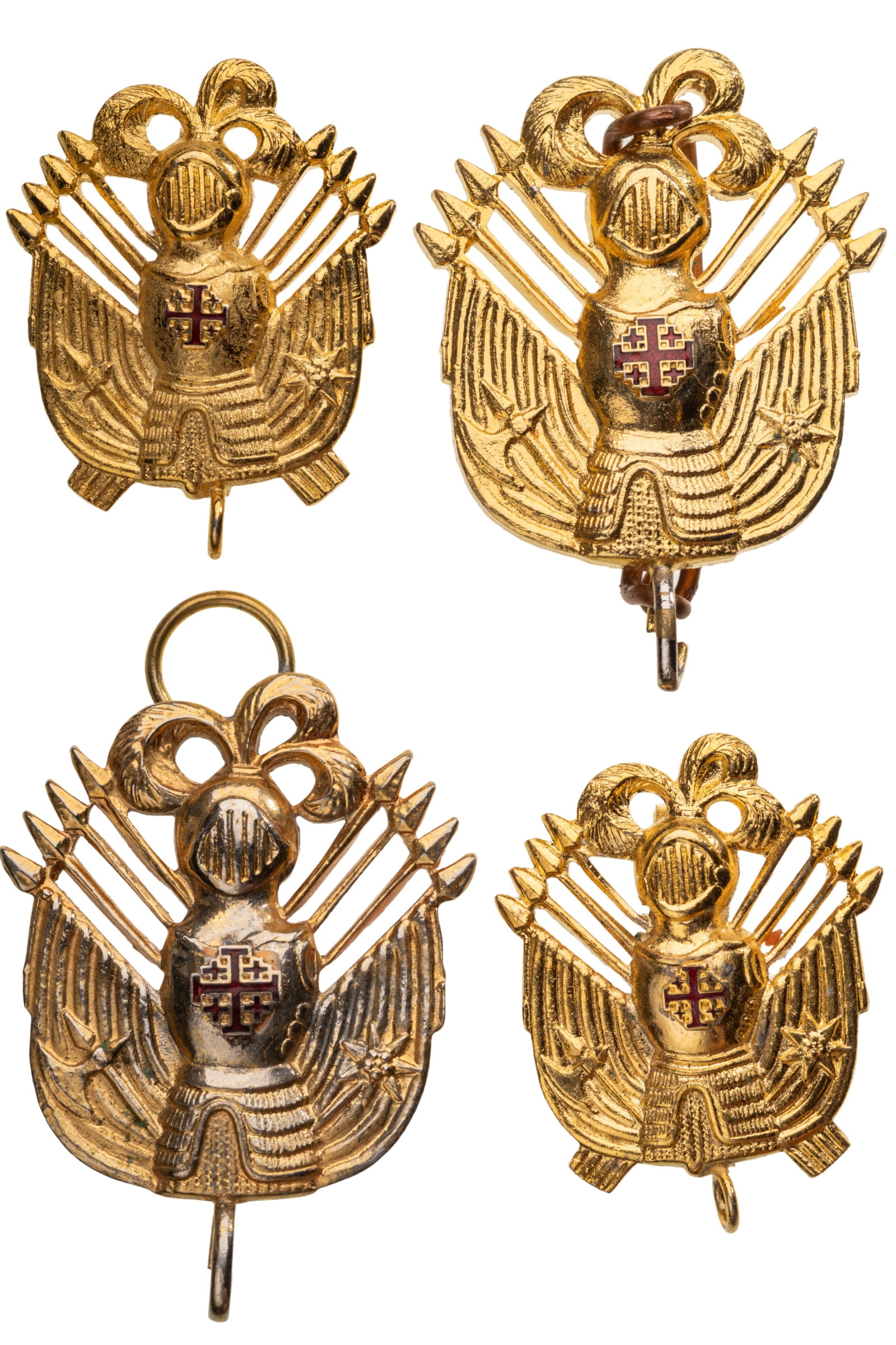 ORDER OF MALTA: Lot of 4. Trophees of Arms, 51x36 mm. (2x), 38x30 mm. (2x), gilt Bronze, Maltese cross red enameled, original suspension rings. Extremely fine condition! I (4)