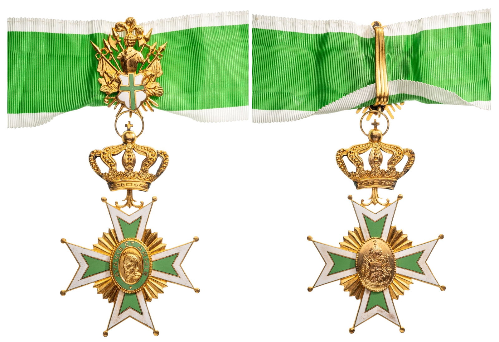ORDER OF ST. JOHN OF JERUSALEM KNIGHTS HOSPITALLER: Knight's Cross, instituted in 1920. Neck Badge, 134x54 mm, gilt Bronze original suspension ring, coat of arms and ribbon with enameled weapon, together with lapel hole rosette. An extremely fine cross