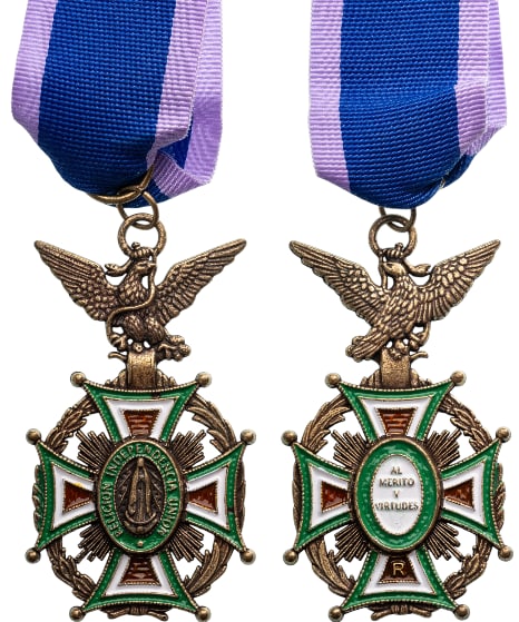 THE NATIONAL ORDER OF OUR LADY OF GUADALUPE: Knight's Cross, instituted in 1867. Breast Badge, 65x36 mm, gilt Silver, enameled, original suspension ring and ribbon. A replacement order, of local manufacture, in extremely fine condition! I