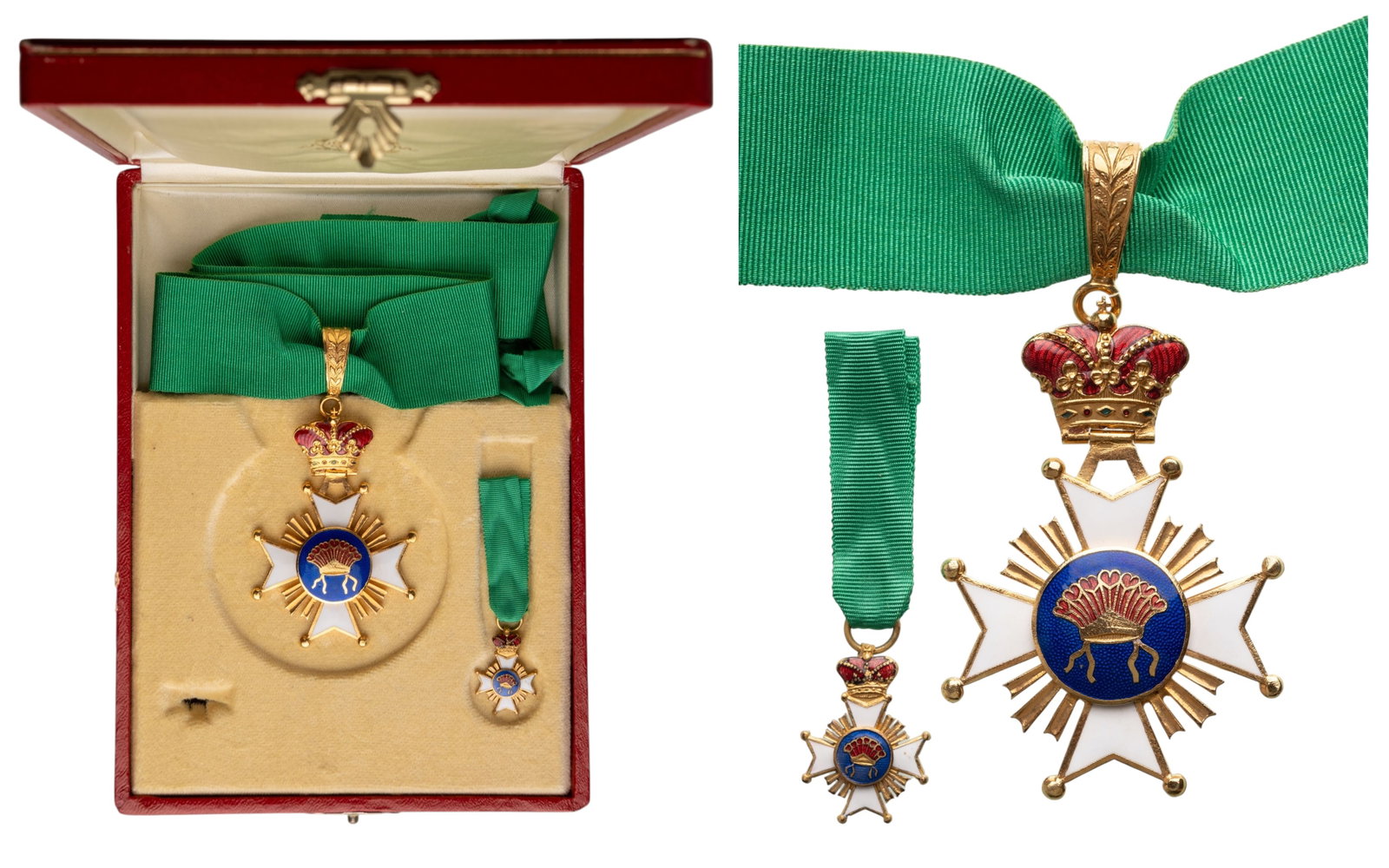 Order of the Aztec Crown: Commander's Cross, instituted in 1960. Neck Badge, 63x44 mm, gilt Bronze, one-side enameled, original suspension crown, ring, loop and long ribbon, in case of issue by "Johnson, Milano" with enameled 