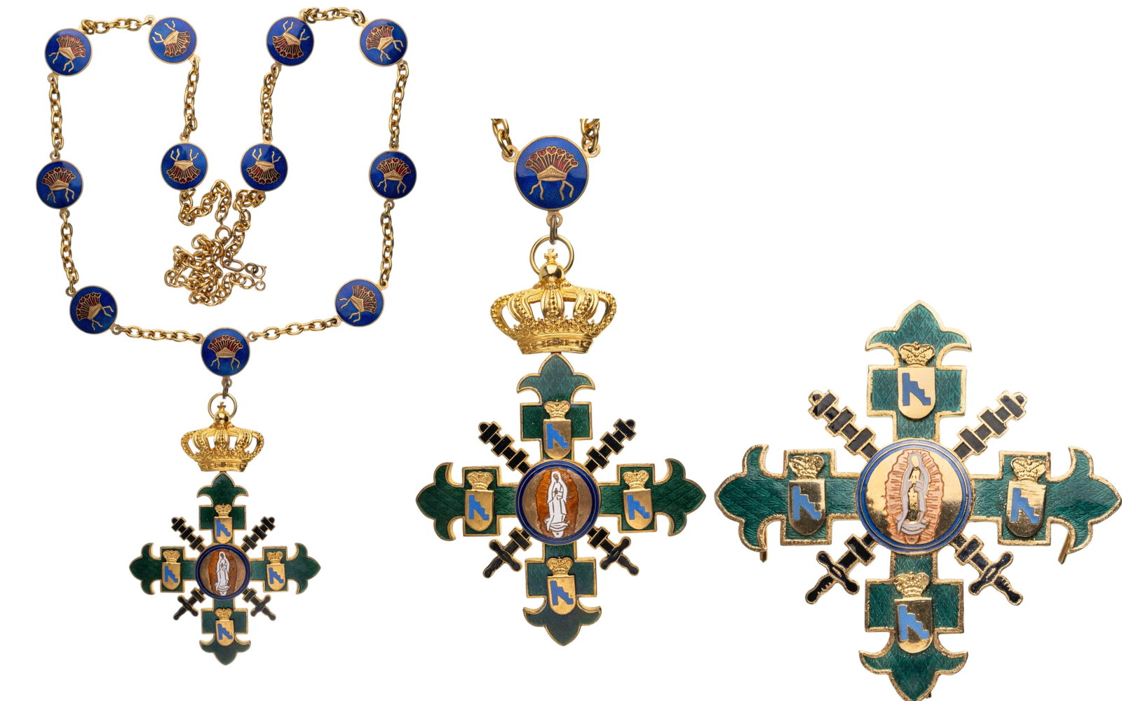 Imperial Order of Notre Dame of Guadaloupe of Anahuac: Collar Chain. Collar Badge, 104x77 mm, gilt Bronze, one side enameled, original suspension crown and ring. Collar, 93 cm, gilt Bronze, 11 enameled medallions. Breast Star, 78 mm, gilt Bronze, enameled