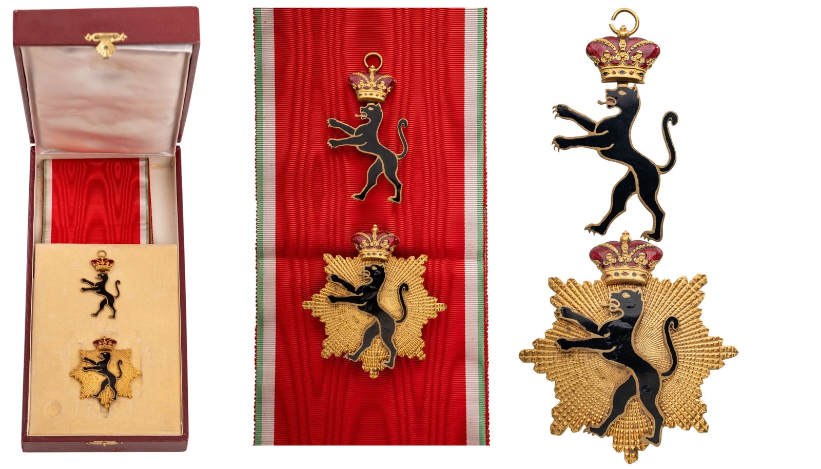 Imperial Order of the Black Puma for Bravery [Grau Montezuma]: Grand Cross Set. Sash Badge, 61x36 mm, gilt Bronze, one side enameled, original suspension ring and unsewn sash. Breast Star, 68x64 mm, gilt Bronze, superimposed part enameled, thin pin on reverse, in