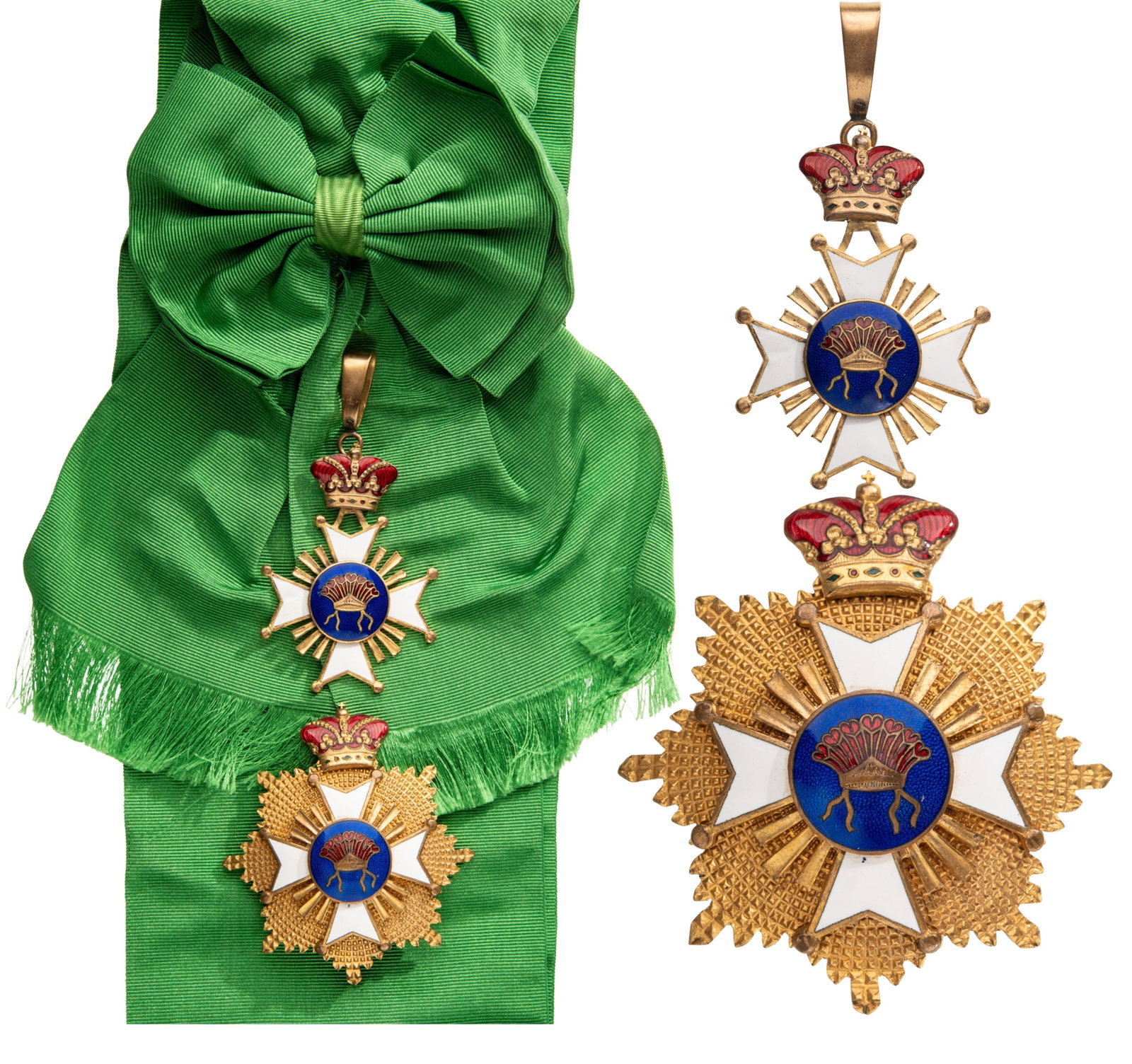 Order of Aztec Crown [Grau Montezuma]: Grand Cross Set. Sash Badge, 62x43 mm, gilt Bronze, one side enameled, original suspension crown, loop and complete sash. Breast Star, 67x61 mm, gilt Bronze, superimposed part enameled, thin pin and t