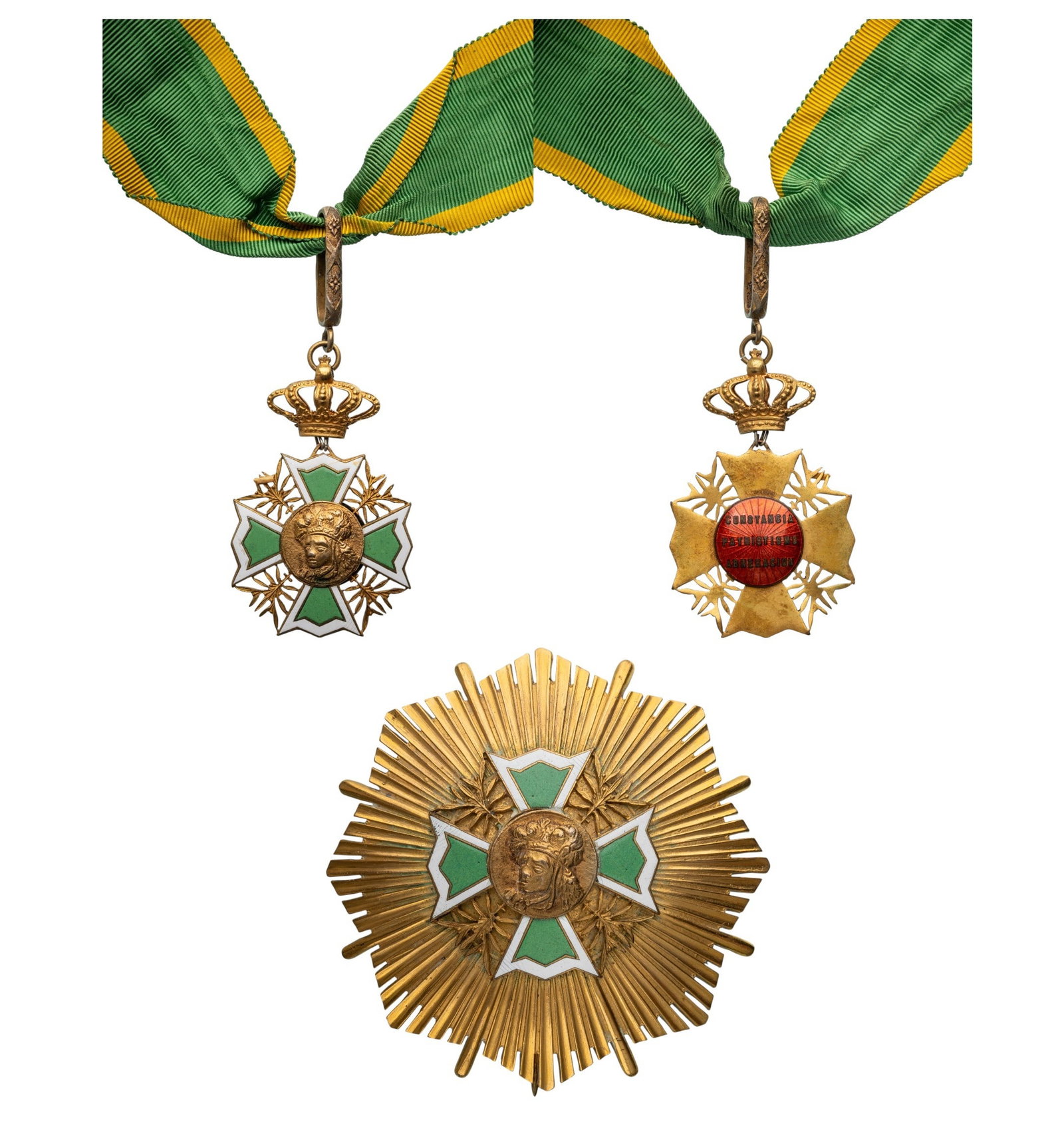 Order of Aztec Crown [Grau Montezuma]: Grand Officer's Set, 2nd Class, instituted in 1821. Neck Badge, 61x40 mm., gilt Bronze, enameled, central medallion gilt, original suspension crown, ring, loop and ribbon. Breast Star, 79 mm., gilt Br