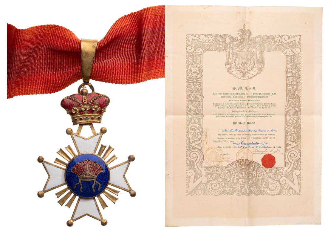 Order of Aztec Crown [Grau Montezuma]: Commander's Cross. Neck Badge, 66x44 mm, gilt Bronze, one side enameled, original suspension crown, loop and ribbon, together with awarding document, dated 12th of January 1979. An interesting order i