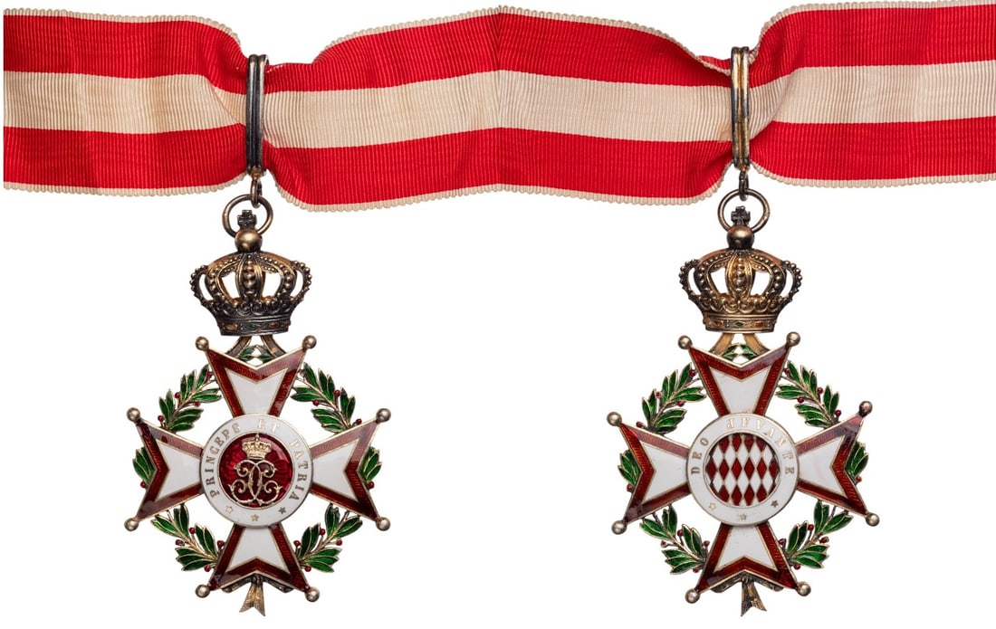 Order of Saint Charles: Commander's Cross, instituted in 1958. Neck Badge, 94x65 mm, partially gilt Silver, both sides enameled, original suspension crown, ring, loop and ribbon. A superb order in extremely fine condition! I