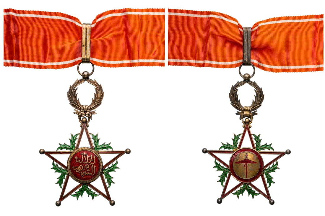Order of Ouissam Alaouite: Commander's Cross, 2nd Type, 3rd Class, instituted in 1913. Neck Badge, 87x58 mm., gilt Silver, both sides enameled, original suspension wreath, ring, loop and ribbon. Mint state! I