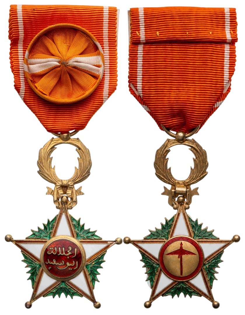 Order of Ouissam Alaouite: Officer's Cross, 2nd Type, 4th Class, instituted in 1913. Breast Badge, 61x41 mm., gilt Silver, both sides enameled, original suspension wreath, ring, loop and ribbon with rosette. Extremely fine