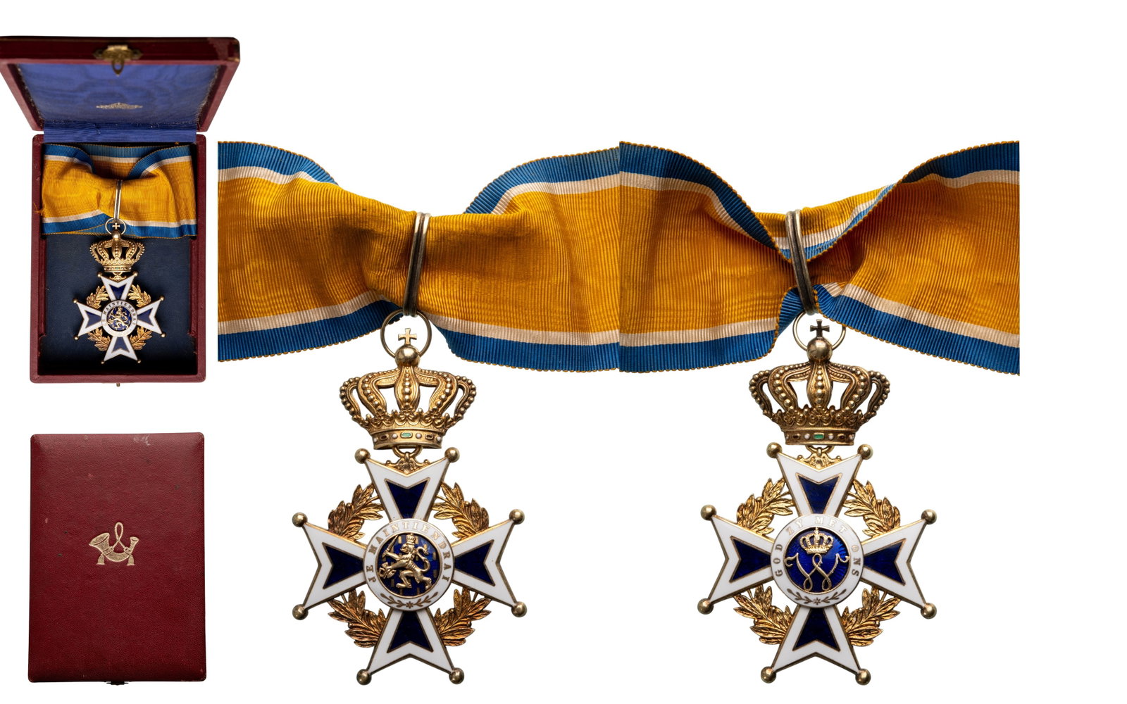 The Order of Orange-Nassau: Commander's Cross, instituted in 1892. Neck Badge, 87x57 mm., gilt Silver, enameled, original suspension ring, loop and ribbon, in case of issue by "Begeer", with gilt weapon on the lid and inner fitt