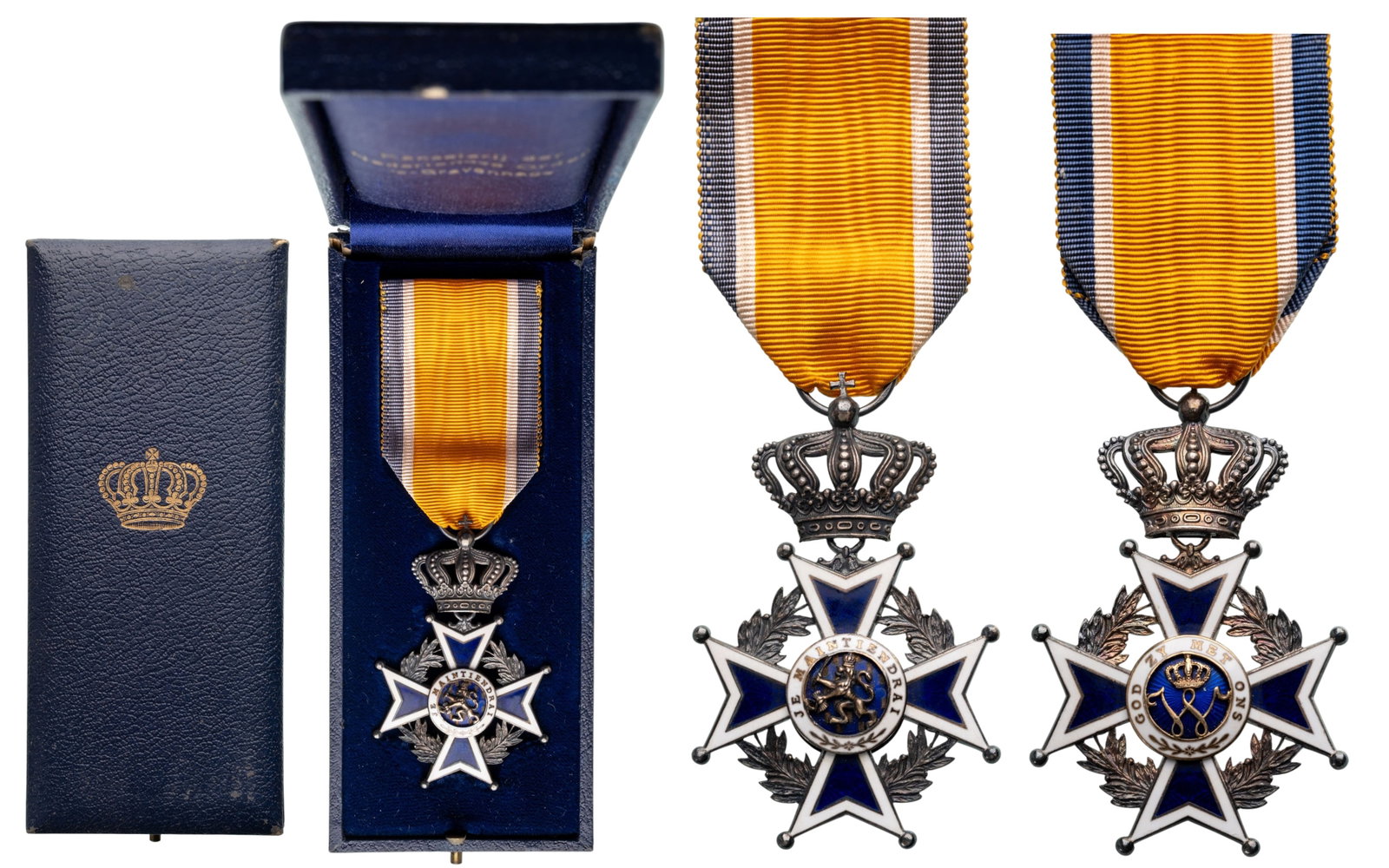 The Order of Orange-Nassau: Knight's Cross, instituted in 1892. Breast Badge, 65x42 mm., Silver, enameled, original suspension ring and ribbon, in case of issue by "Kanselarij der Nederlandse Orden's - Gravenhage", with gilt