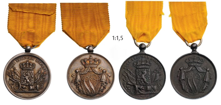 Lot of 2 Long Service Medals: Silver and bronze Classes. Breast Badges, 36 mm, Silver, Bronze, with suspension rings (one replaced) and ribbons. (2) I
