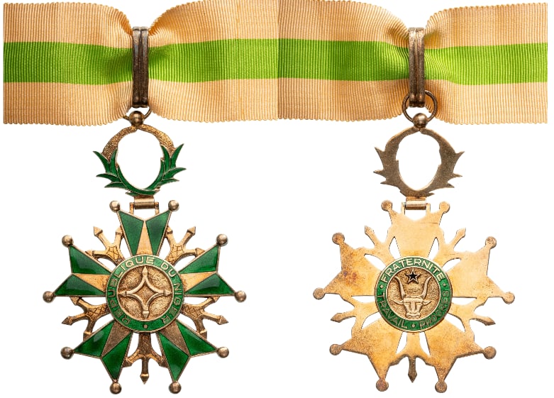 NATIONAL ORDER: Commander's Cross, instituted in 1963. Neck Badge, 85x61 mm, gilt Silver, enameled, original suspension wreath, ring, loop and ribbon. A superb order in mint condition! I