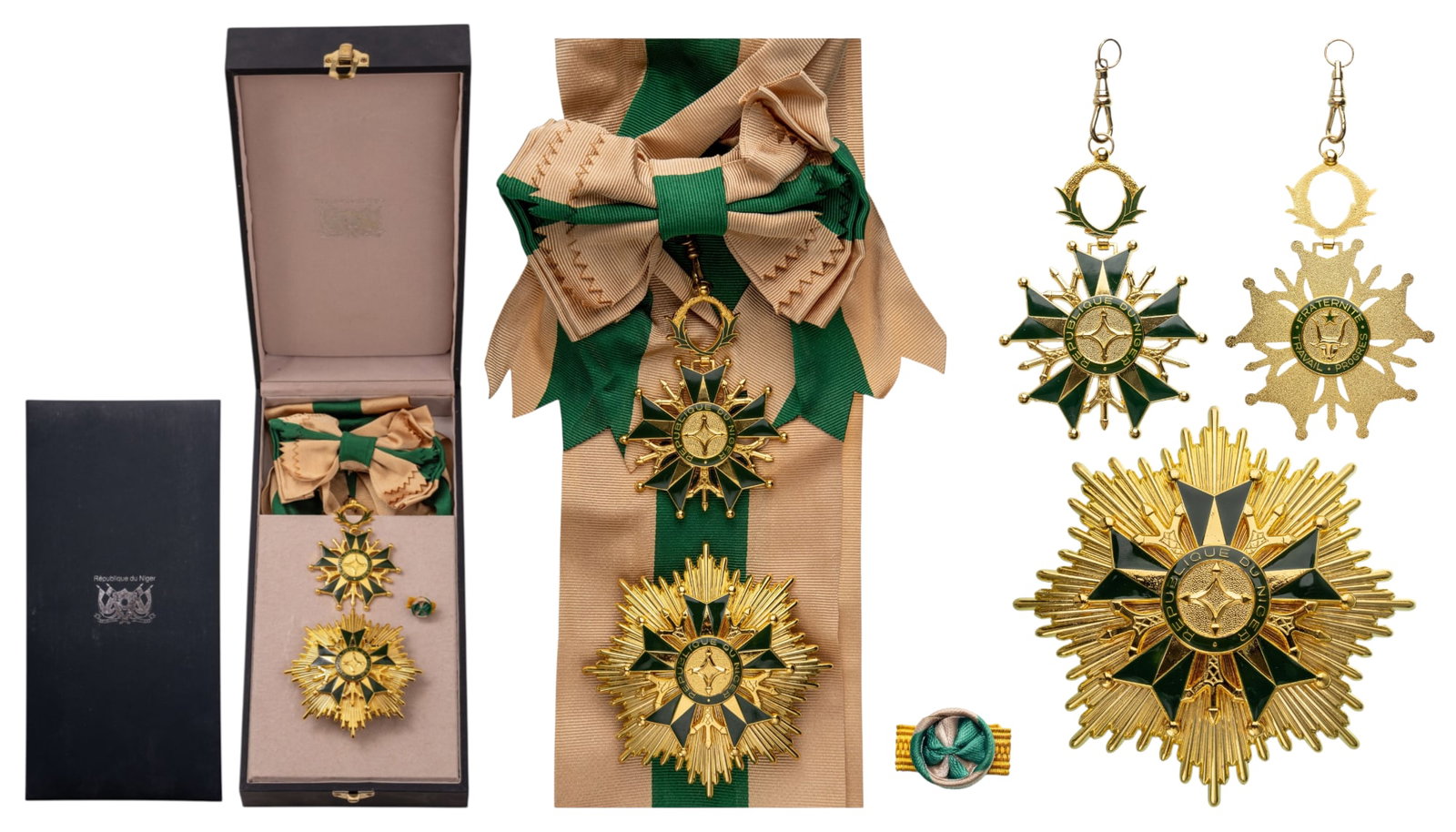 ORDER OF MERIT: Grand Cross Set, instituted in 1963. Sash Badge, 85x54 mm, gilt Bronze, both sides enameled, original suspension wreath and complete sash. Breast Star, 88 mm, gilt Bronze, original pin on reverse and 