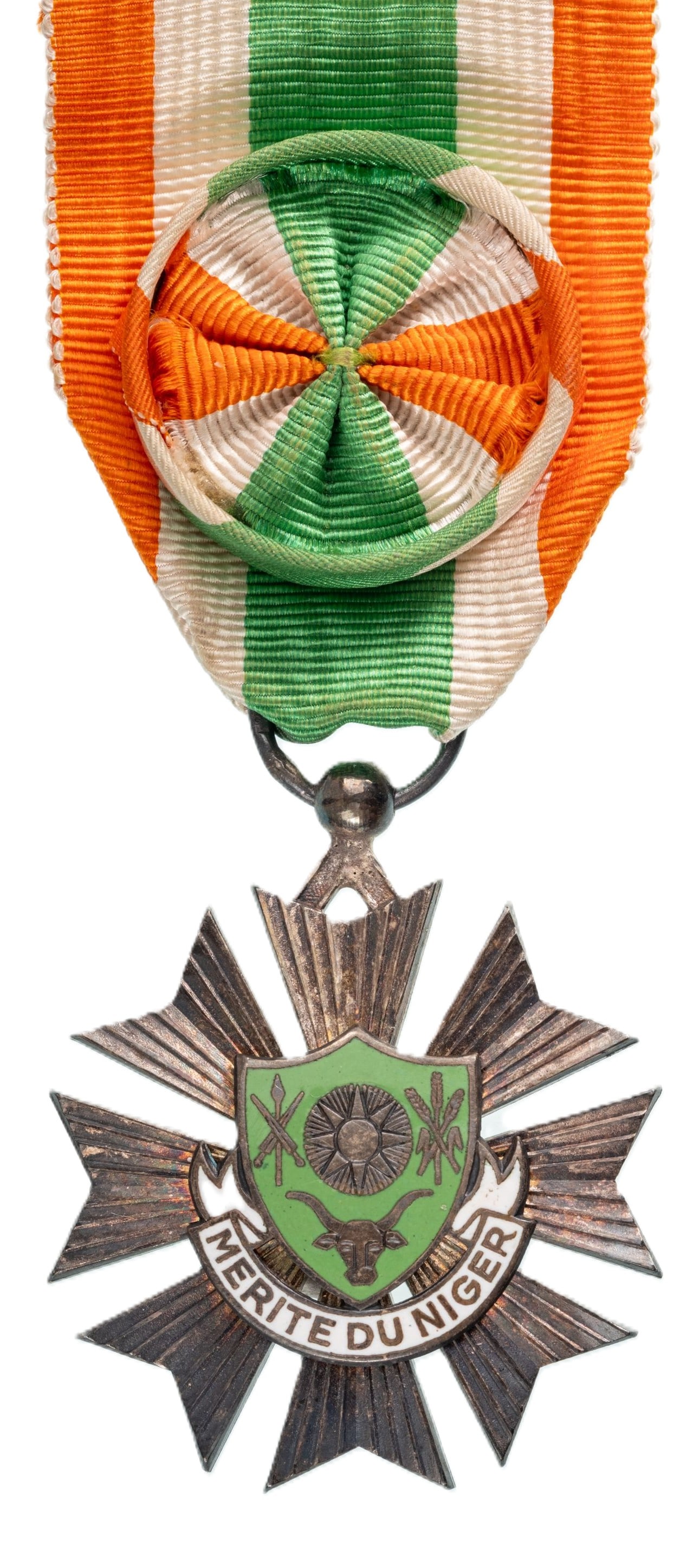ORDER OF MERIT: Officer's Cross, instituted in 1963. Breast Badge, 46x37 mm, Silver, one side enameled, original suspension ring and ribbon with rosette. A badge in mint condition! I