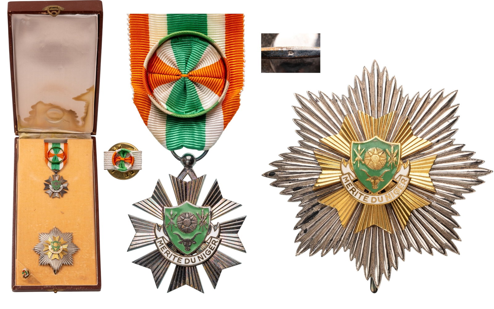 ORDER OF MERIT: Grand Officer's Set, instituted in 1963. Officer's Cross, 45x38 mm, partially gilt Silver, one side enameled, original suspension ring and ribbon with rosette. Breast Star, 71 mm, Silver, hallmarked, 