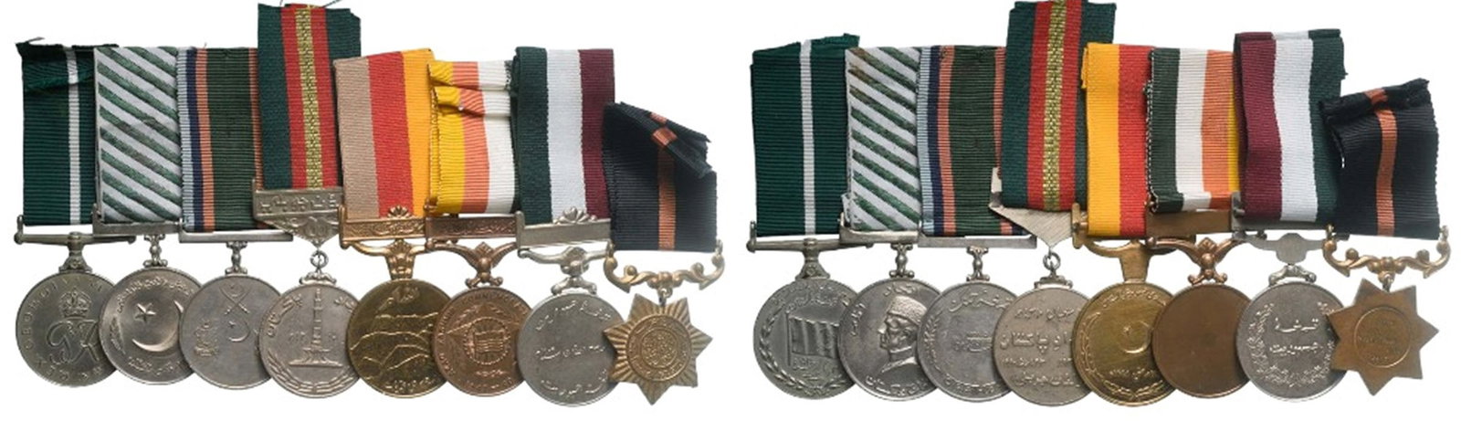 Lot of 8 Medals: Independence Medal, 1947, Copper-Nickel; Azad Kashmir Ind. Medal, 1948, Bronze; Sitara-i-Harb Medal, 1965, Brass; Tamgha-i-Jang, Medal, 1965, Copper-Nickel; Quaid-e-Azam Medal, 1976 100 Years, Copper-