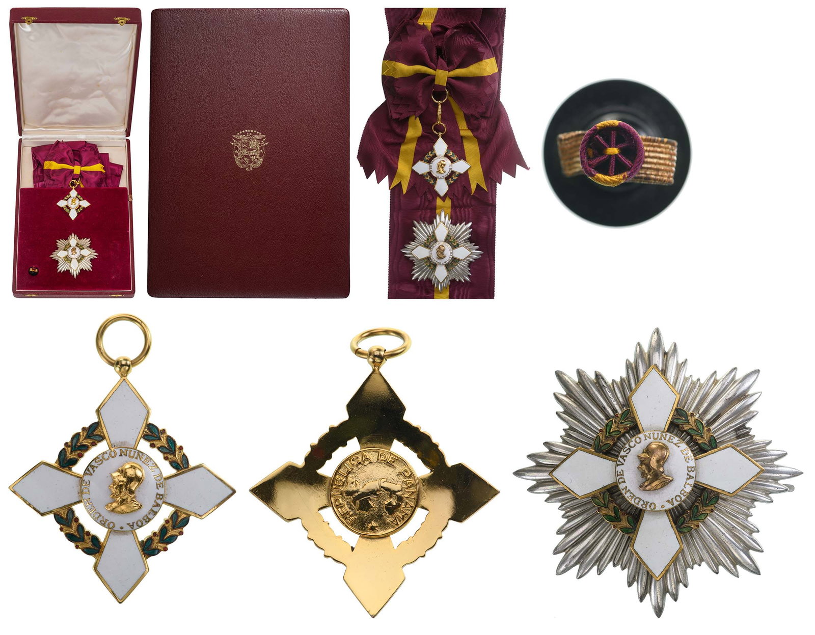 ORDER OF VASCO NUNEZ DE BALBOA: Grand Cross Set, instituted in 1941. Sash Badge, 63x58 mm, gilt Silver, one side enameled, center gilt enameled, with original suspension ring and long complete sash. Breast Star, 80 mm, partially gil