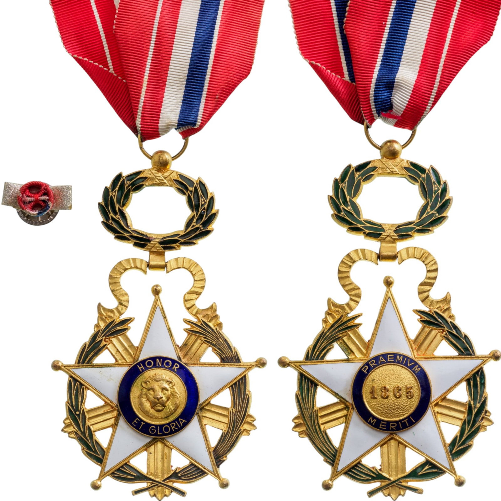 ORDER OF NATIONAL MERIT: Commander's Cross, instituted in 1825. Neck Badge, 98x61 mm, gilt Bronze, both sides enameled, with laurel wreath suspension device, original ring and long complete ribbon and lapel hole rosette. I