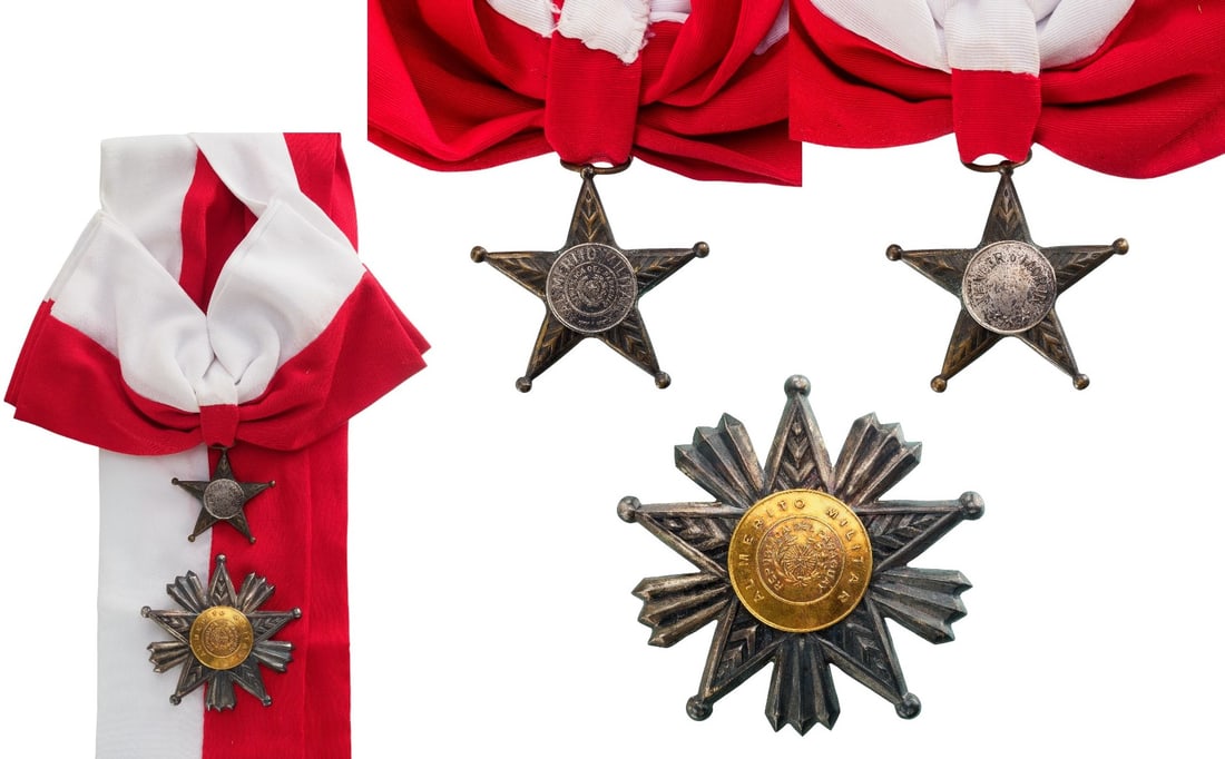 Order of Military Merit: Grand Cross Set, instituted in 1957. Sash Badge, 49 mm, Silver, original suspension device and sash. Breast Star, 74 mm, partially gilt and Silver, horizontal thin pin on the back. I R!