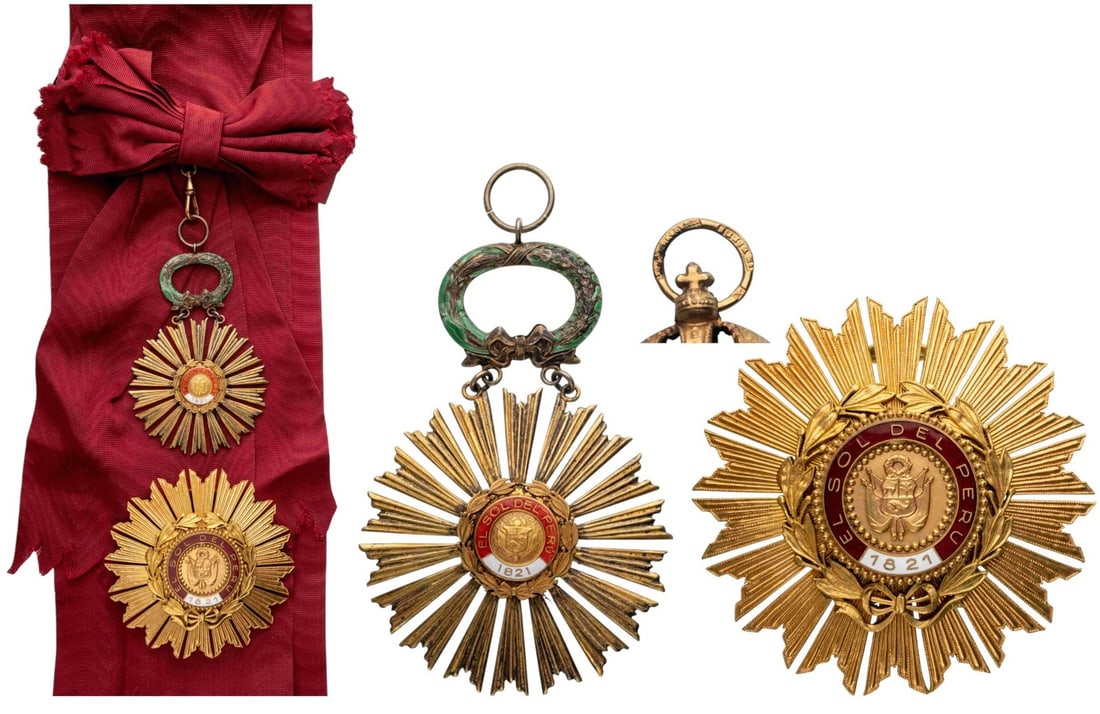 ORDER OF THE SUN OF PERU: Grand Cross Set, 1st Class, instituted in 1821. Sash Badge, 87x58 mm., gilt Bronze, one-side enameled, central medallion gilt, original suspension wreath, ring and complete sash. Breast Star, 79 mm., 