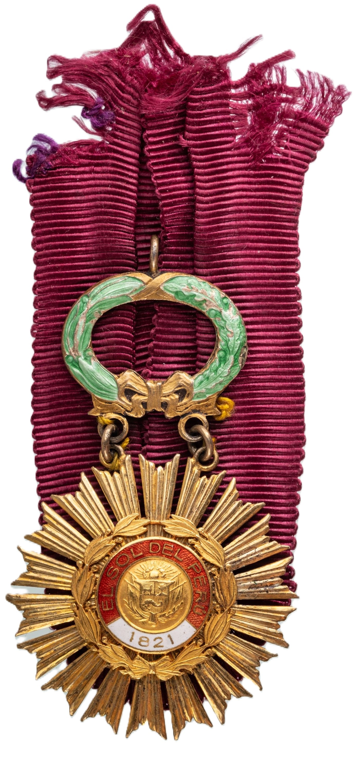 ORDER OF THE SUN OF PERU: Knight's Cross, 5th Class, instituted in 1821. Breast Badge, 67x40 mm, gilt Silver, central medallion gilt, enameled, original suspension wreath and ribbon. Very fine! I