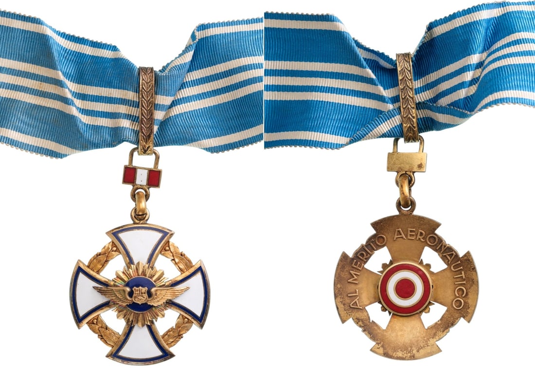 ORDER OF AERONAUTICAL MERIT: Commander's Cross, 3rd Class, instituted in 1946. Neck Badge, 66x4 mm, gilt Silver, both sides enameled, both central medallions gilt Silver, enameled, original suspension loop ornamented and enameled
