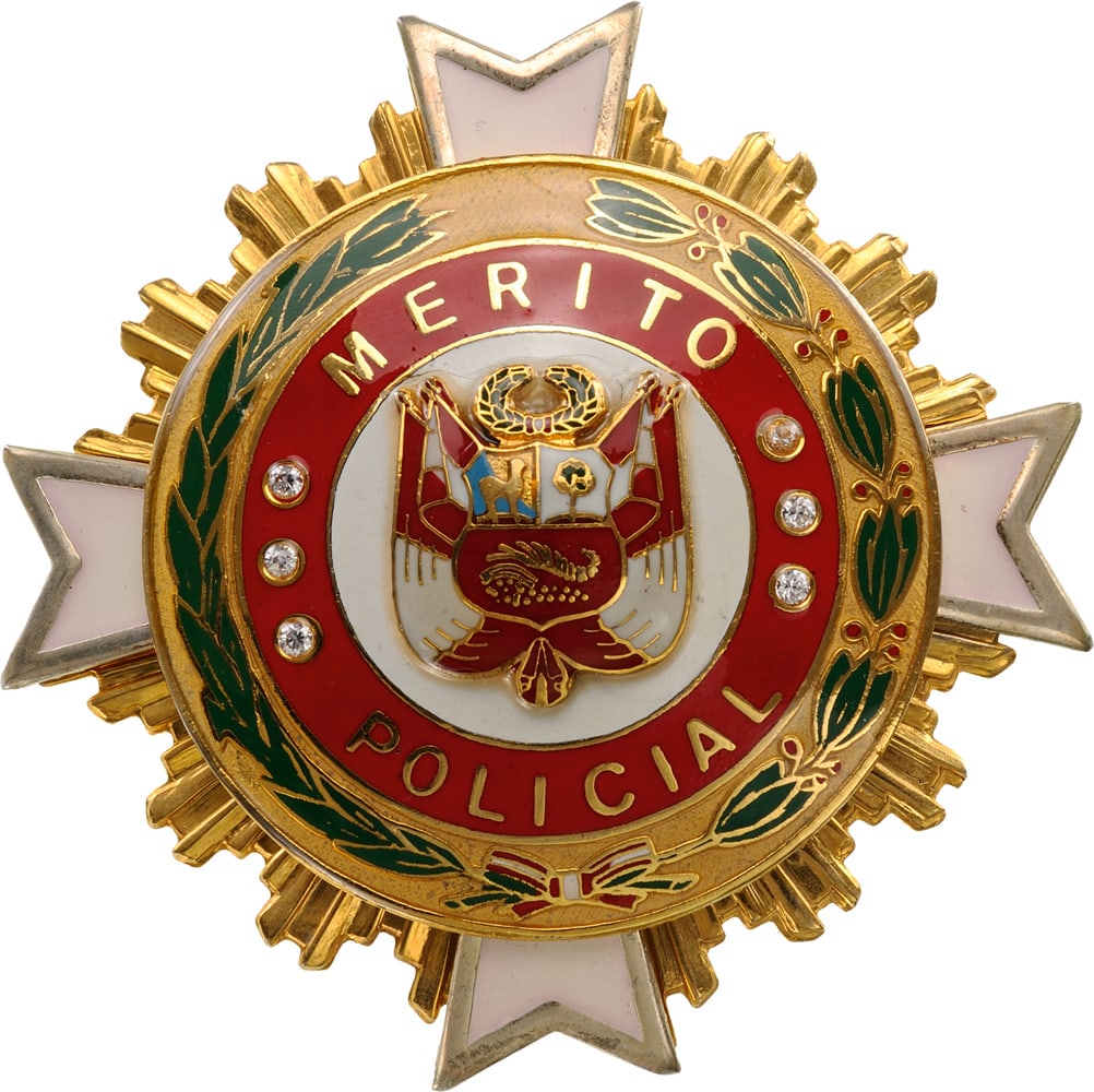 ORDER OF MERIT OF THE NATIONAL POLICE: Grand Cross Star, Special Class in Brilliants, instituted in 1945. Breast Star, gilt Metal, 6 synthetic brilliants, superimposed parts enameled, thin pin on reverse. Superb and extremely rare star! I 