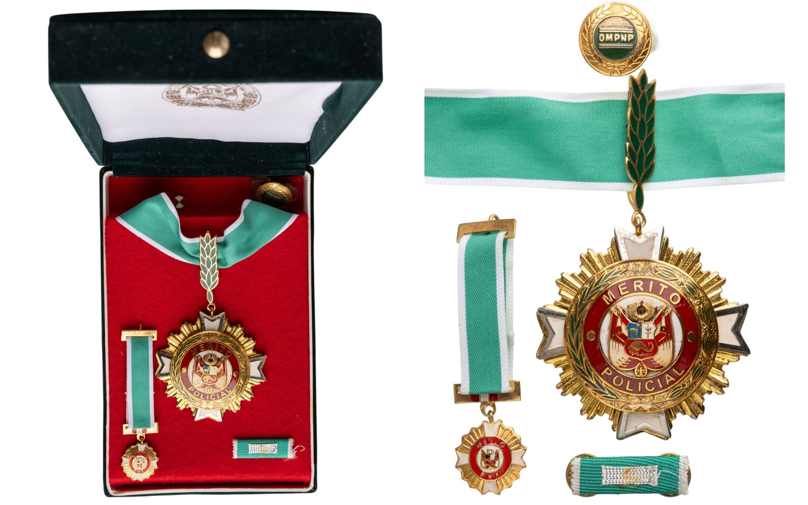 ORDER OF MERIT OF THE NATIONAL POLICE: Commander's Cross, 3rd Class, instituted in 1945. Neck Badge,107x62 mm., gilt and silvered Metal, one side enameled, original suspension device and ribbon, in velvet case of issue, with silvered weapo