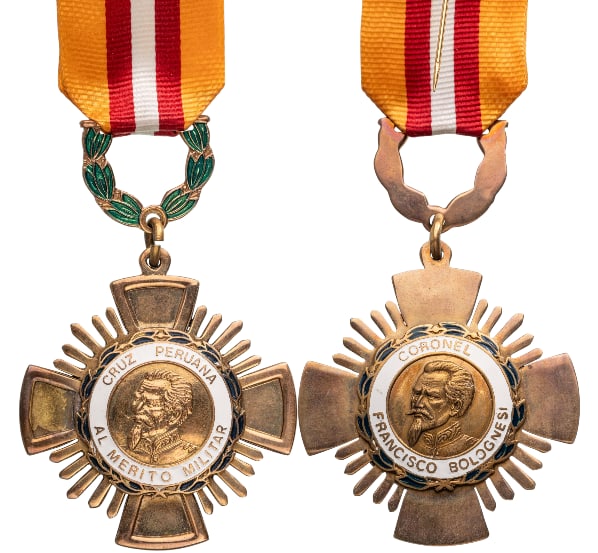 CRUZ PERUANA FOR MILITARY MERIT: Knight's Cross, 4th Class, instituted in 1949. Breast Badge, 76x54 mm, gilt Bronze, both central medallions gilt, enameled, original suspension wreath and ribbon with long pin. Superb badge! I