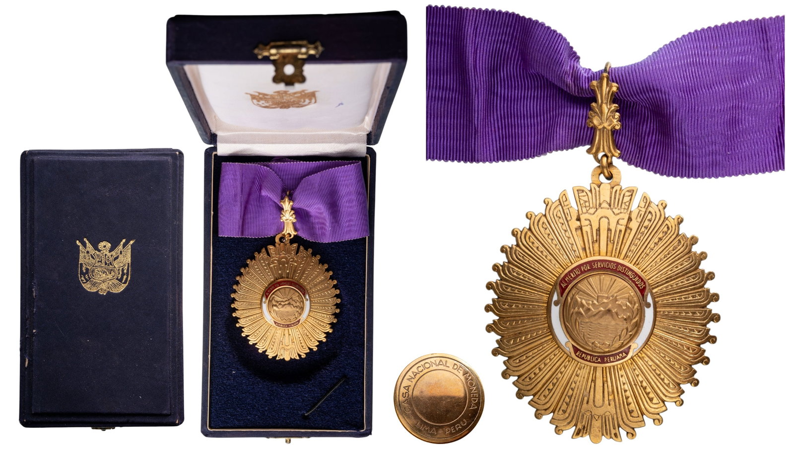 Order of Merit for Distinguished Service: Commander's Cross, 3rd Class, instituted in 1950. Neck Badge, 86x55 mm, gilt Bronze, maker's mar' Casa de Moneda, Lima", one side enameled, original suspension device and ribbon, in case with gilt wea