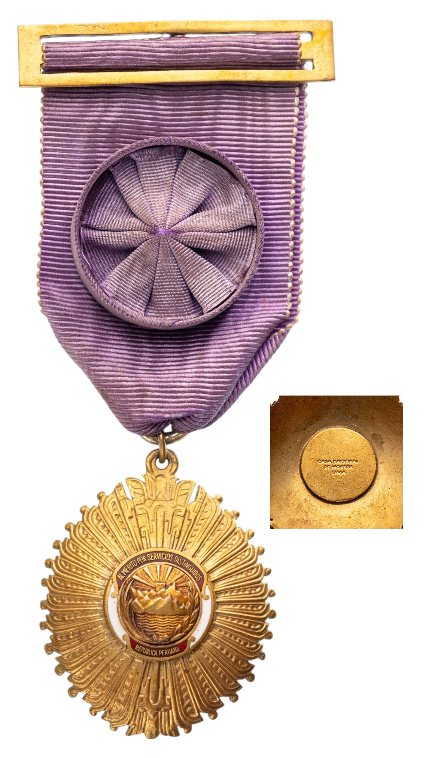 Order of Merit for Distinguished Service: Officer's Cross, 4th Class, instituted in 1950. Breast Badge, 51 mm, gilt Bronze, maker's mar' Casa de Moneda, Lima", one side enameled, original suspension ring and ribbon with rosette and gilt bar. 