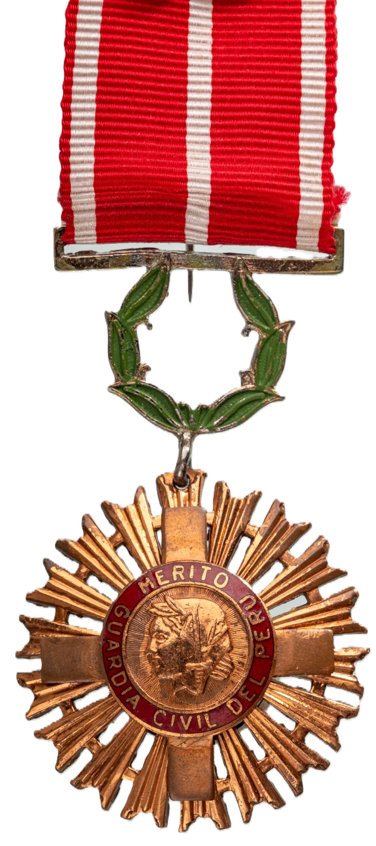 The Peruvian Civil Guard Order of Merit: Knight's Cross, 5th Class, instituted in 1950. Breast Badge, 64x40 mm, Bronze, one side enameled, original suspension wreath and ribbon. Mint state! I