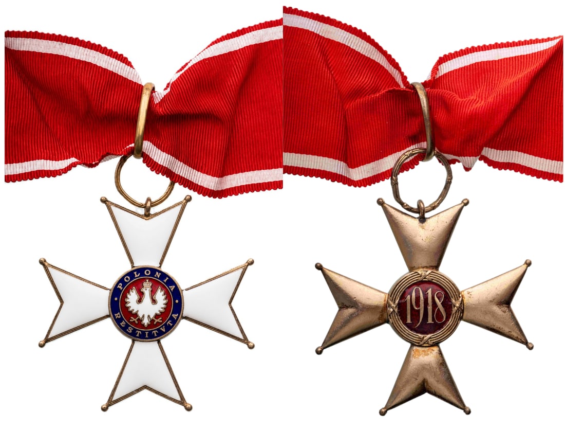 The Order of Polonia Restituta (Order Odrodzenia Polski): Commander's Cross, 3rd Class, instituted in 1918. Neck Badge, 58 mm, gilt Silver, enameled, both central medallions gilt, original suspension ring and ribbon, Mint state! I
